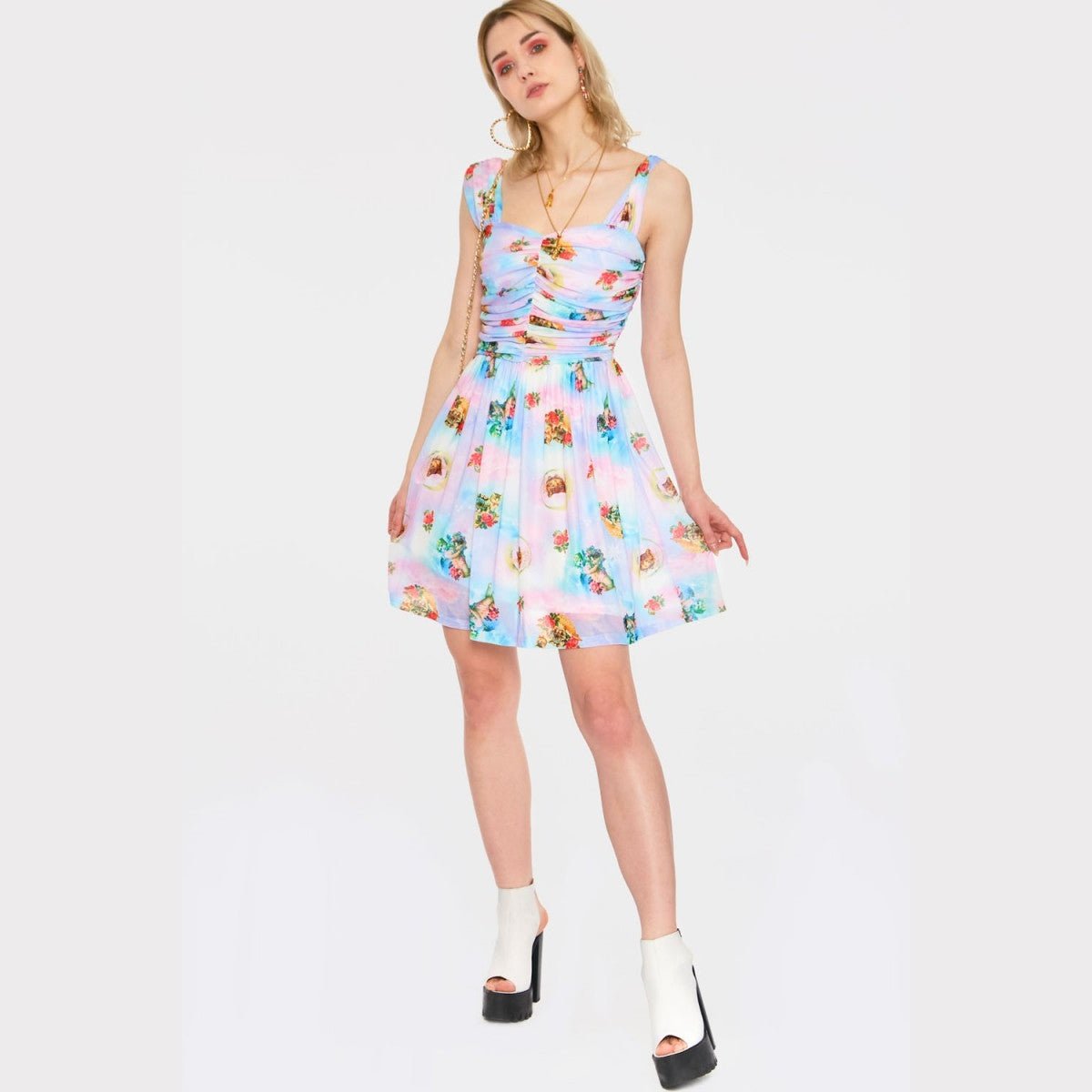 Cherub Cat Print Chiffon Skater Dress