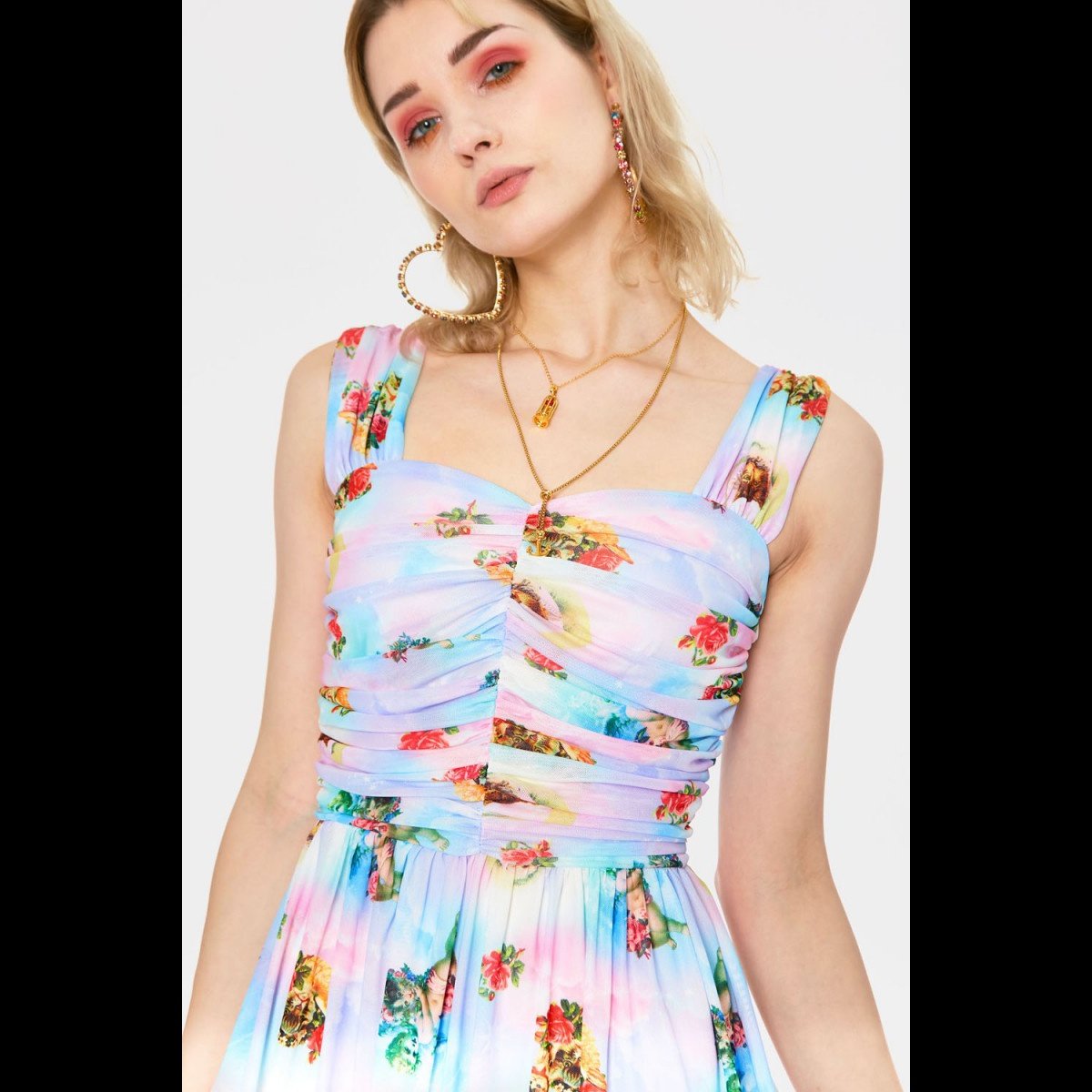 Cherub Cat Print Chiffon Skater Dress