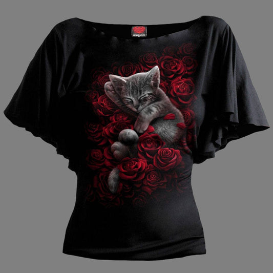 Bed of Roses - Boat Neck Bat Sleeve Gothic Top Black