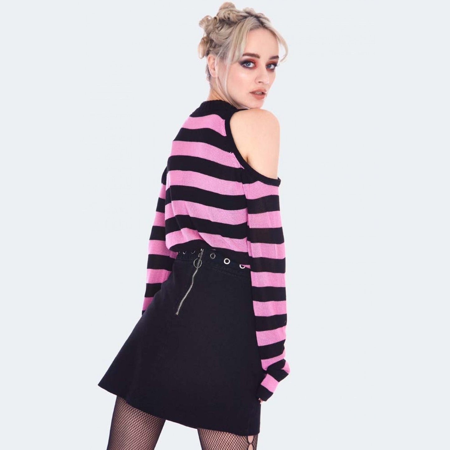 Dusty Pink Stripe Cold Shoulder Jumper