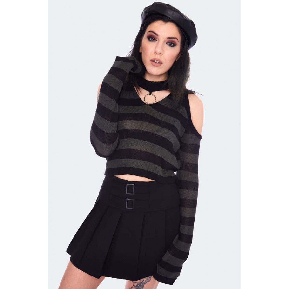 Khaki Stripe Cold Shoulder Jumper